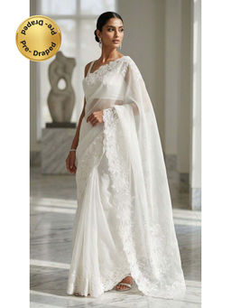 HANDME - White Ready To Wear Pristine White Organza Saree with Unstitched Blouse