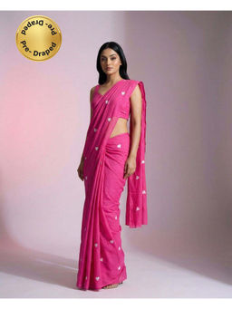 HANDME - Ready To Wear Romantic Pink Thread Embroidered Pure Mul Cotton Saree with Unstitched Blouse
