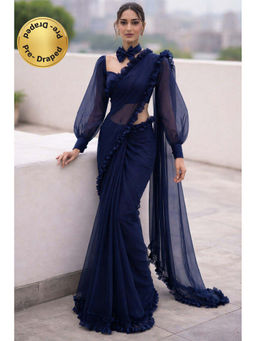 HANDME - Ready To Wear Ravishing Ruffle Navy Blue Saree With Unstitched Blouse