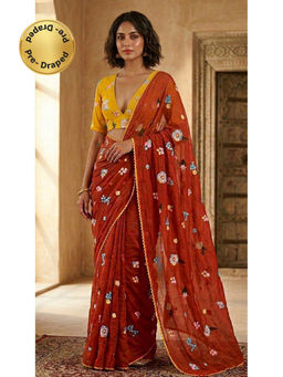 HANDME - Ready To Wear Festive Bloom Embroidered Chanderi Mul Saree with Unstitched Blouse