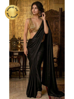 HANDME - Ready To Wear Midnight Noir Satin Black Saree with Gold Sequin Unstitched Blouse