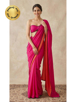 HANDME - Ready To Wear Hot Pink Chroma Scalloped Lace Detail Saree with Unstitched Blouse