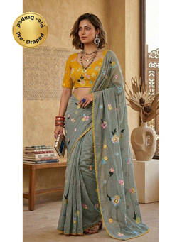 HANDME - Ready To Wear Earthy Green Embroidered Mul Chanderi Saree with Unstitched Blouse