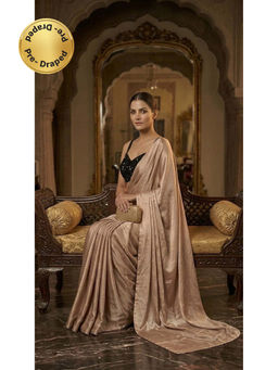 HANDME - Ready To Wear Mocha Satin Saree with Sequins Unstitched Blouse with Unstitched