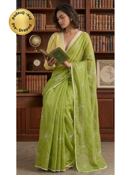 HANDME - Ready To Wear Olive Mul Chanderi Embroidered Saree with Unstitched Blouse with Unstitched