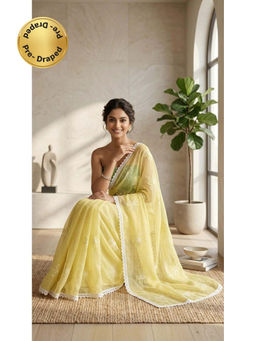 HANDME - Ready To Wear Lemon Chanderi Embroidered Saree with Unstitched Blouse with Unstitched