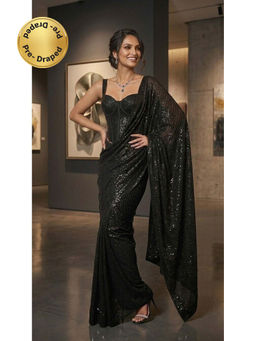 HANDME - Ready To Wear Black Diamond Glam Sequins Saree With Sequins Unstitched Blouse