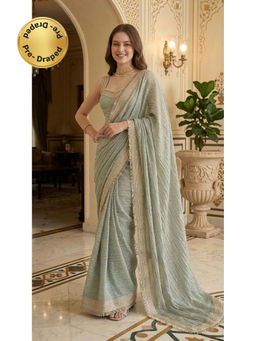 HANDME - Ready To Wear Royal Haze Zari Butti Embellished Lace Crinkled Saree With Blouse Fabric