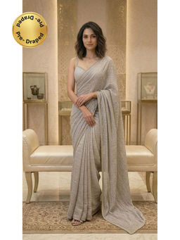 HANDME - Ready To Wear Royal Beige Crinkled Zari Butti Crystal Lace Saree With Blouse Fabric