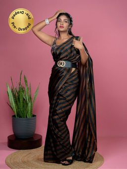Hella Fashions - Women Brown Satin Stripes Saree with Unstitched Blouse