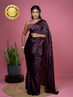 Hella Fashions - Women Purple Satin Stripes Saree with Unstitched Blouse