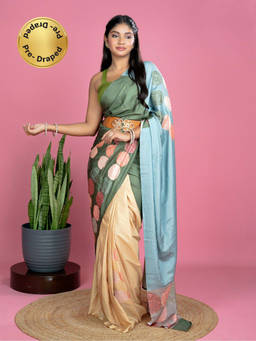 Hella Fashions - Women Multi-Color Satin Colorblock Saree with Unstitched Blouse
