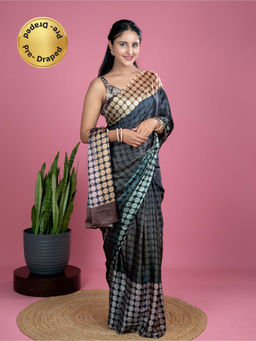 Hella Fashions - Women Multi-Color Satin Geometric Saree with Unstitched Blouse