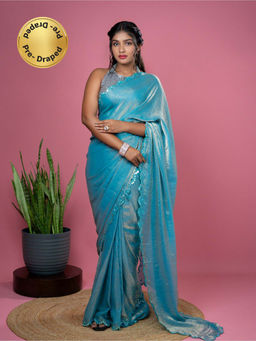 Hella Fashions - Women Blue Tissue Embroidered Saree with Unstitched Blouse