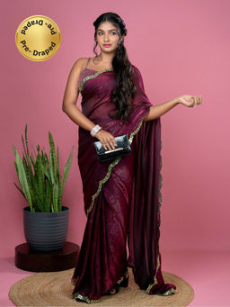 Hella Fashions - Women Burgundy Tissue Embroidered Saree with Unstitched Blouse