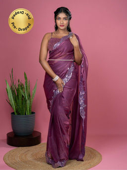 Hella Fashions - Women Mauve Tissue Embroidered Saree with Unstitched Blouse
