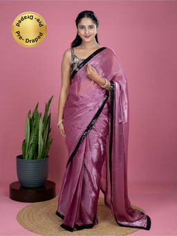Hella Fashions - Women Predraped Embroidered Mauve Saree With Unstitched Blouse