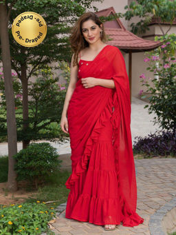 HOUSE OF JAMOTI - Royal Red Ruffle Sharara Saree (Set of 2)