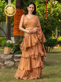 HOUSE OF JAMOTI - Buff Brown Ruffle Saree with Stitched Blouse