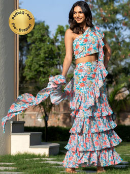 HOUSE OF JAMOTI - Marine Ruffle Saree with Stitched Blouse