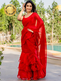 HOUSE OF JAMOTI - Angel Red Shimmer Ruffle Saree with Stitched Blouse