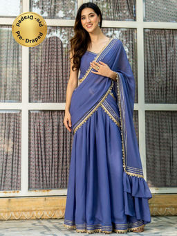 HOUSE OF JAMOTI - Wisteria Purple Pre-Draped Saree with Stitched Blouse (Set of 2)