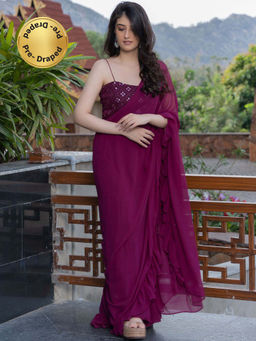 HOUSE OF JAMOTI - Wine Sharara Saree with Stitched Blouse
