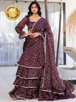 HOUSE OF JAMOTI - Wine Floral Ruffle Saree with Stitched Blouse