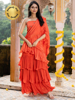 HOUSE OF JAMOTI - Women Orange Embroidered Pre-Draped Saree with Stitched Blouse
