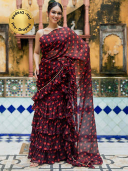 HOUSE OF JAMOTI - Women Wine Floral Pre-Draped Saree with Stitched Blouse
