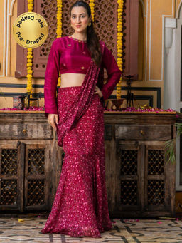 HOUSE OF JAMOTI - Utsava Wine Pre Draped Saree with Blouse