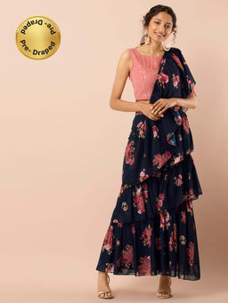 Indya - Navy Blue Foil Georgette Frilled Sari Skirt