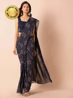 Indya - Navy Floral Foil Sari Skirt