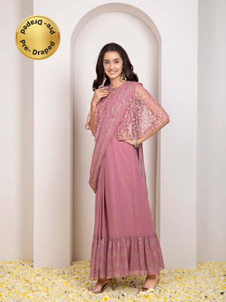 Indya - Pink Embroidered Cape Sari Tunic Pre-drapped Saree