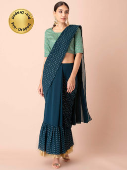 Indya - Teal Gold Ruffled Hem Saree