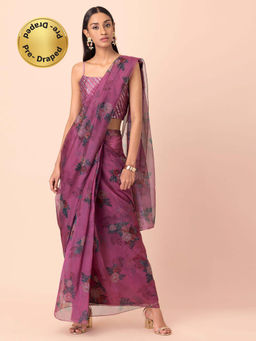 Indya - Wine Floral Organza Pre Draped Saree