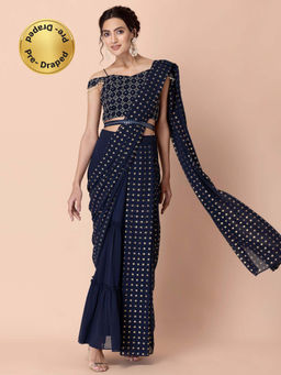 Indya - Navy Foil Pleated Belted Pre Draped Saree