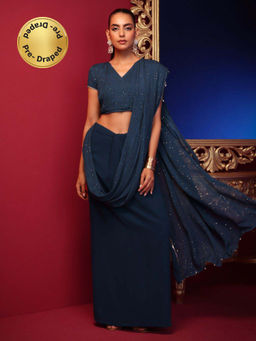 Indya - X Ashish Soni Teal Sequin Embroidered Pre-stitched Saree