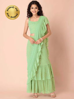 Indya - Green Swiss Dot Ruffled Pre Draped Saree without Blouse