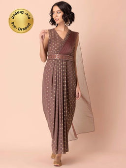 Indya - Dusty Pink Foil Belted Pre Draped Saree With Attached Blouse (Set of 2)