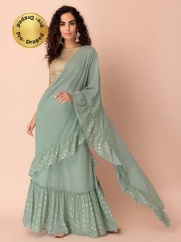 Indya - Sage Green Floral Foil Frilled Pre Draped Saree