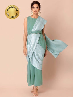 Indya - Sage Silver Pleated Pallu Pre Draped Saree With Attached Blouse with Stitched