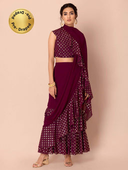 Indya - Wine Star Foil Ruffled Pre Draped Saree