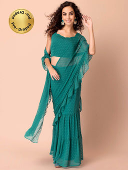 Indya - Turquoise Blue Swiss Dot Frilled Pre Draped Saree
