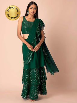 Indya - Emerald Foil Printed Layered Ruffled Skirt Saree
