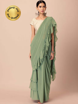 Indya - Pastel Green Georgette Ruffled Pre-stitched Saree