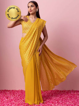 Indya - Mustard Yellow Foil Print Redy To Wear Saree