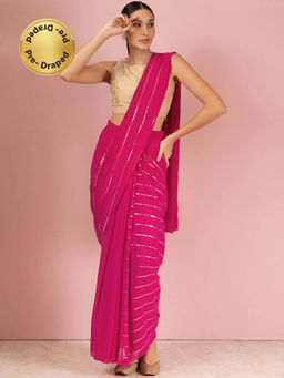 Indya - Dark Pink Striped Sequin Embroidered Redy To Wear Saree