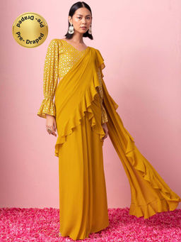 Indya - Mustard Ruffled Ready To Wear Saree with Foil Print Stitched Blouse