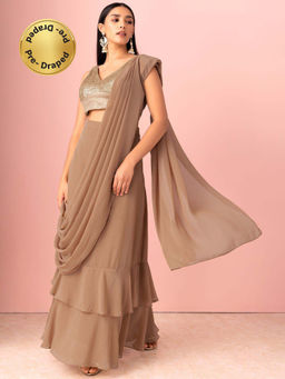 Indya - Beige Ruffled Ready To Wear Saree without Blouse